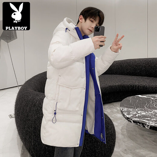 Playboy (PLAYBOY) Down Jacket Men's Medium Long Couple Women's 2025 Winter New National Fashion Brand Thickened Youth Over the Knee White (Male) XL (Recommended 140-155 Jin Jin equals about 0.5 kg)