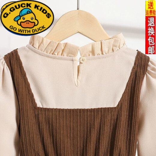 G.duck girls' fake two-piece dress autumn 2025 new medium and large children's sweet corduroy skirt fashionable princess dress khaki 120 fake two-piece suspender skirt