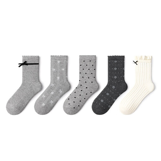 Pami (pami) ballet style gray socks women's spring and autumn lace mid-calf socks 2025 new cotton socks miu series pile socks bow lace socks-pack_miu series_new autumn and winter wear 5 pairs one size fits all (suitable for sizes 36-39)