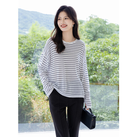 Ives (ITISF4) chic lazy style long-sleeved T-shirt Korean striped loose slim casual top white one size