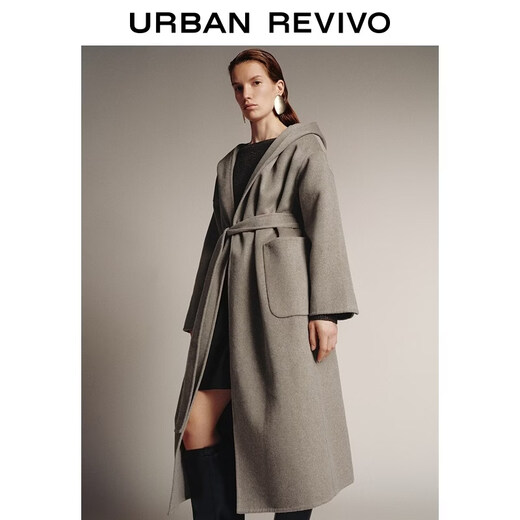 UR2025 new winter women's high-intellectual temperament hooded belt coat UWM150078 medium brown gray S