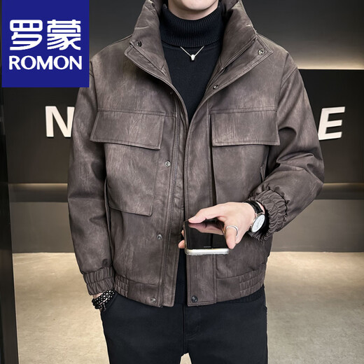 ROMON Leather Down Jacket Men's Winter Stand Collar 2025 New Casual Big Pocket American Retro Thickened Winter Jacket Brown M 100-130Jin Jin is equal to about 0.5 kg