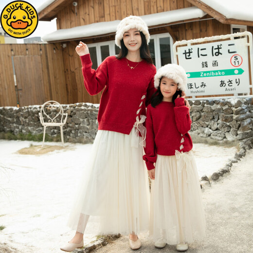 G.duck New Year red parent-child outfit for girls sweet bow pullover sweater fashionable mother-daughter outfit family portrait sweater trendy hot sale red (bow tie) 80 children