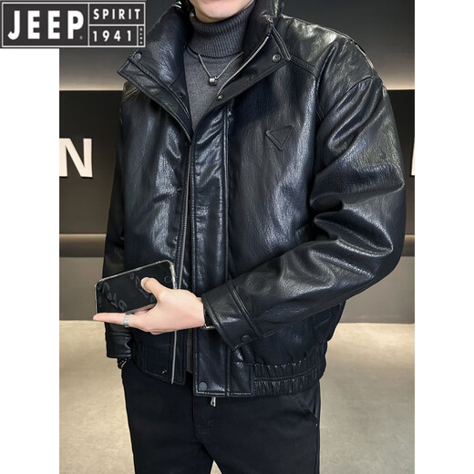 JEEP吉普免洗机车皮羽绒服男冬季2025新款立领休闲加厚保暖外套男装潮 黑色 M 推荐100-130斤