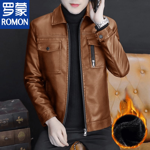 ROMON leather men's jacket Haining motorcycle lapel velvet warm autumn and winter young and middle-aged men's slim leather jacket pocket style black velvet thickened M recommended 90-115 Jin Jin equals 0.5 kg