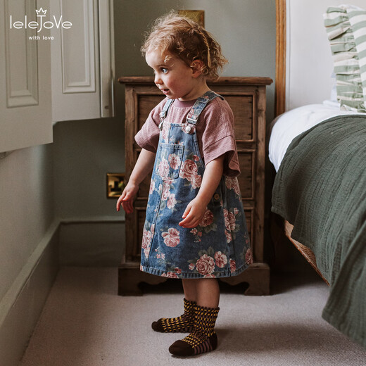 LELE JOVElelejove Nordic style girls' denim suspender skirt 26 spring new baby girl hand-painted rose print denim skirt pre-sale mist rose 80 cm