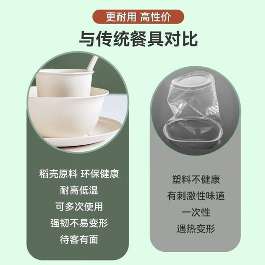 Rice husk series disposable tableware five-piece set (dishes, cups, saucers, spoons and chopsticks set) thickened picnic banquet barbecue white disposable tableware five-piece set (350ml bowls, cups, saucers, spoons and chopsticks) 50-person set