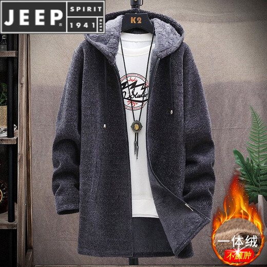 JEEP SPIRIT秋冬季毛衣夹克男士中长版大衣潮流连帽风衣加绒保暖拉炼 炼 8819深灰色【加 绒】中长版 M