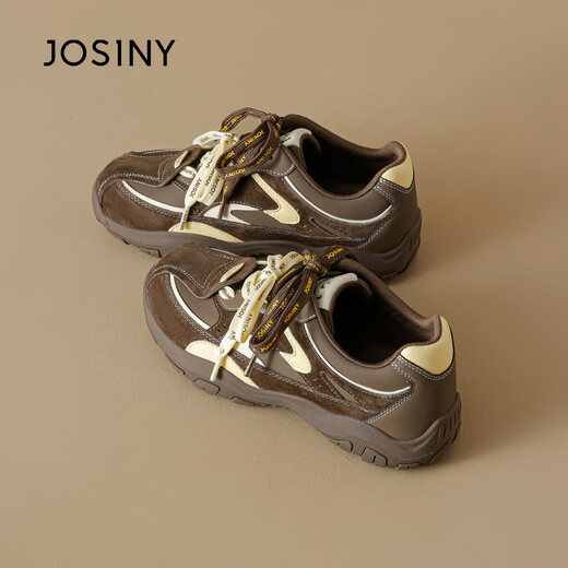 Zhuoshini color-blocked moral training shoes for women 2026 new spring fashion double-lace thick-soled high-height casual sports shoes yellow/brown 4cm high 34