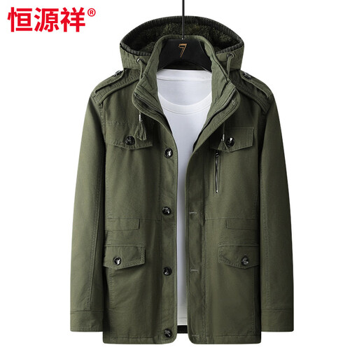 Hengyuanxiang thickened jacket men's velvet cotton autumn and winter new cotton jacket middle-aged and elderly loose large size casual mid-length top 8808 military green plus velvet 2XL suitable for weights under 155