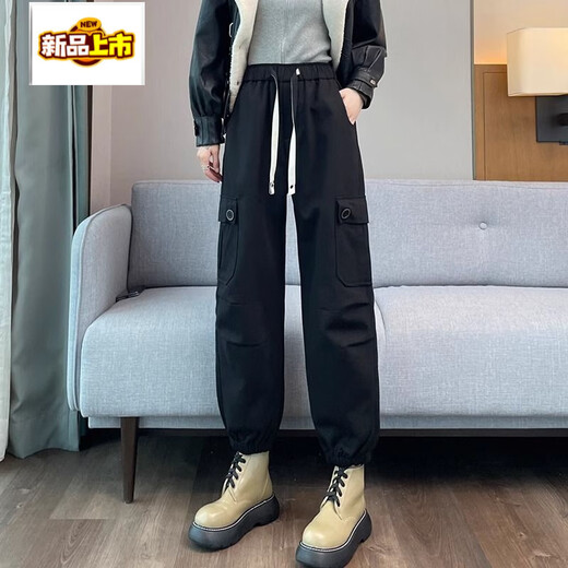 Early diameter plus cashmere black overalls for women in autumn and winter new high waist slimming American style leggings plus fleece pants black (thick plus cashmere) M