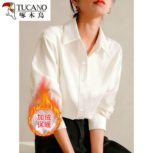 Woodpecker simple style brushed white shirt women's long-sleeved velvet thickened shirt autumn and winter professional base layering top white long sleeve S