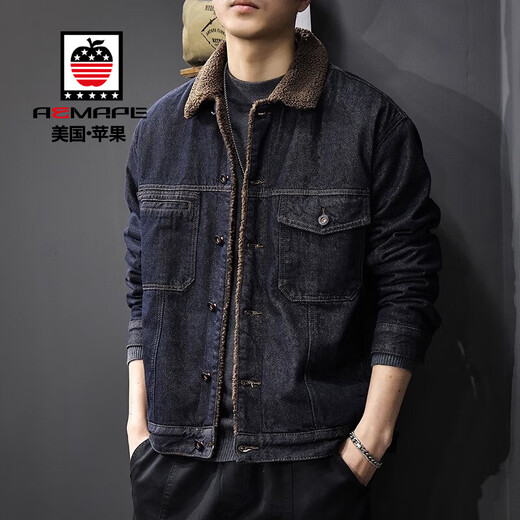 AEMAPE American puree denim lamb velvet denim jacket for men 2025 winter new velvet thickened warm cotton jacket 3128 blue black lamb velvet jacket XL suitable for 145-160Jin Jin equals 0.5 kg