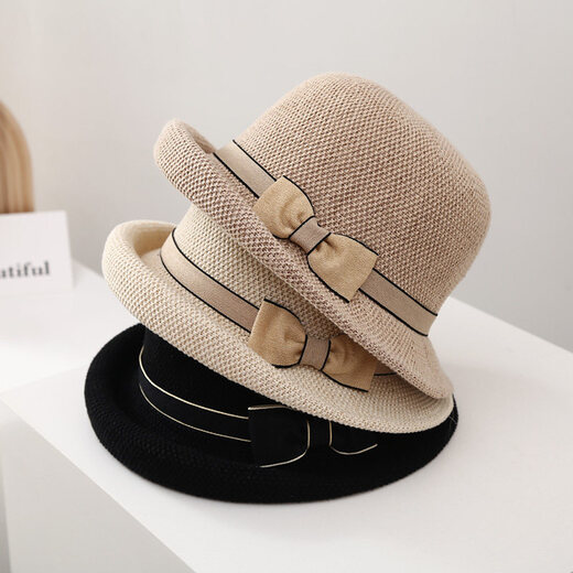 Top Hat Women's Bow Sun Hat Women's Spring, Autumn and Summer Travel Small Brim Rolled Top Hat Breathable Thin Basin Hat Sun Protection Beige Adjustable (54-59cm)