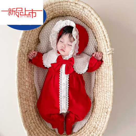 Disney baby spring and autumn long-sleeved one-piece baby girl cute princess harem Internet celebrity fashion full moon 100-day outing romper red J hooded lace collar one-piece 66 52cm