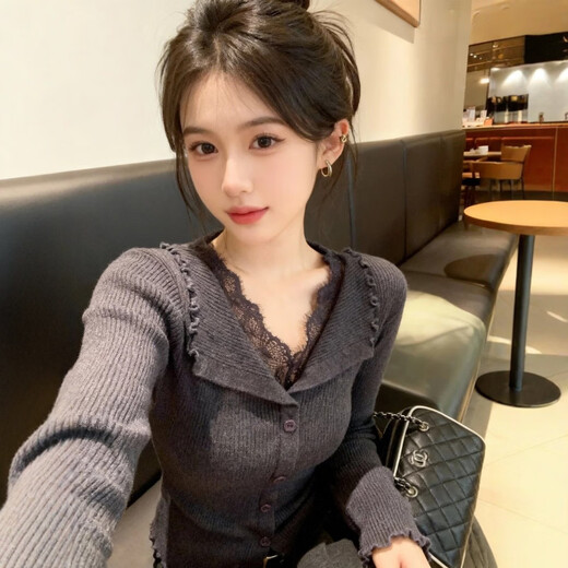 Hengyuanxiang black v-neck lace trim slim-fitting sweater for women 2025 new winter wear inner base top brand dark gray sweater for women 2025/very good-looking tops that do not conflict with style/autumn and winter wear M 95-115Jin Jin is equal to 0.5 kg