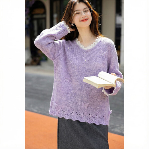 Ives (ITISF4) lace sweet sweater 26 spring new loose soft waxy lazy butterfly sweater purple one size