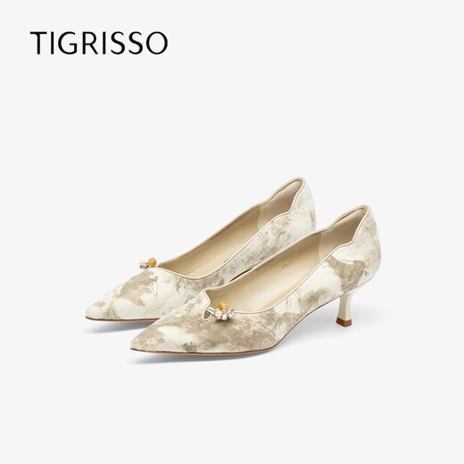 TIGRISSO New Year's Good Persimmon Peanut 26th Spring New Cashmere Temperament Single Shoes New Chinese Style High Heels T76116A-02 Dark Milk White Fabric 36