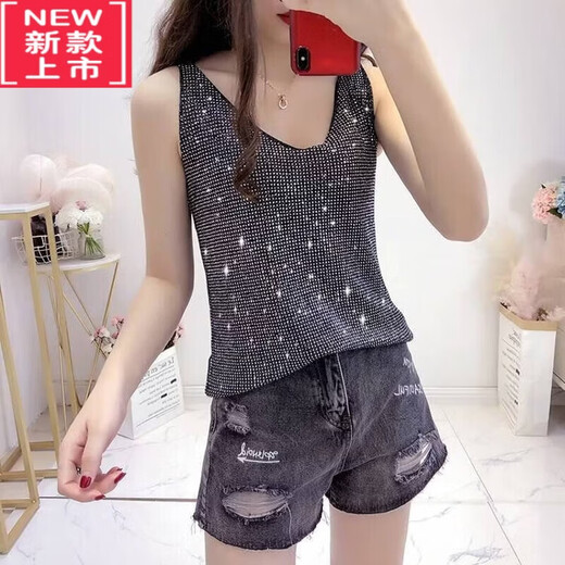 LangSha bright silk hot diamond knitted ice silk camisole women's summer loose inner layering shirt outer sleeveless V-neck top apricot hot diamond S High-quality version recommended 90Jin Jin equals 0.5 kg b