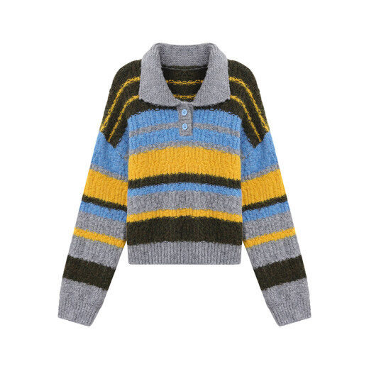 Youxiang frost dyed autumn sweater retro striped color matching polo collar thickened lazy sweater for women 2025 winter new style blue and yellow stripes S