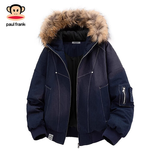 大嘴猴（paul frank）日系复古休闲毛领连帽羽绒服男士2025年冬季新款宽松保暖舒适上衣 黑色 【90%白鸭绒】 2XL 【建议155-180斤】