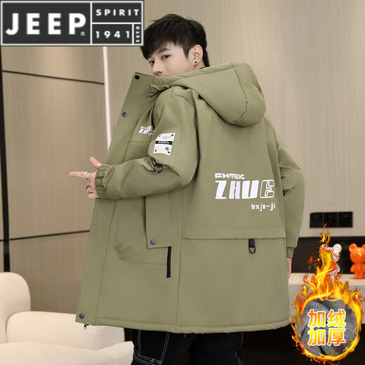 JEEP SPIRIT winter mid-length windbreaker men's hooded plus velvet thickened parka cotton clothing trendy handsome casual jacket 3-29-plus velvet 25801 black 2XL