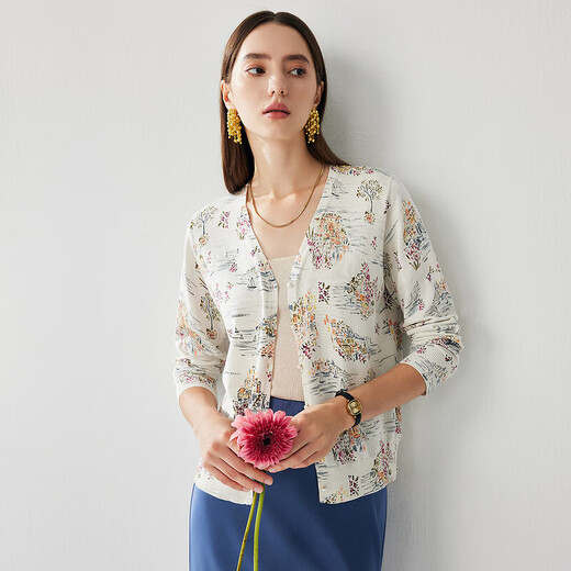 Zhaojun spring and summer mulberry silk new high-end printed sweater women's V-neck long-sleeved cardigan thin top Yunduo White M