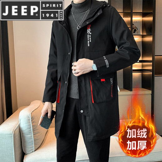 JEEP SPIRIT Autumn and Winter Plus Velvet Thickened Windbreaker Men's Fat Man Plus Fat Extra Size Medium Long Jacket Fat Man Loose Casual Jacket Trendy Black Plus Velvet 6XL