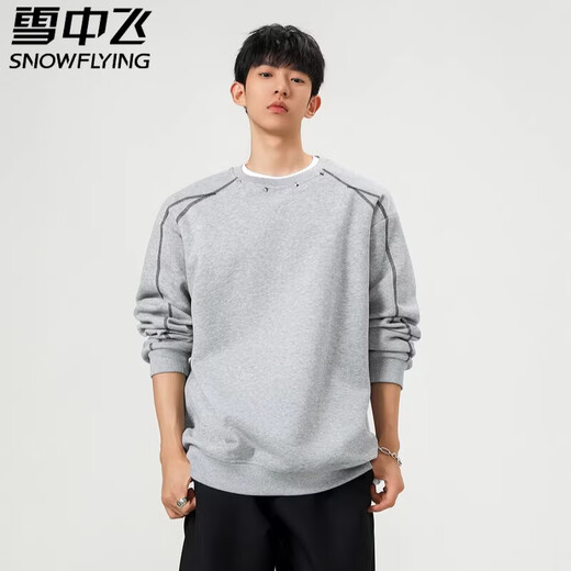 Snow Flying (SNOWFLYING) Retro Edition Top-stitched Rivet Round Neck Sweater Men's 2026 New Spring Trendy Brand Loose Couple Versatile Pullover Top Light Gray M Recommended 95-110 Jin Jin equals 0.5 kg