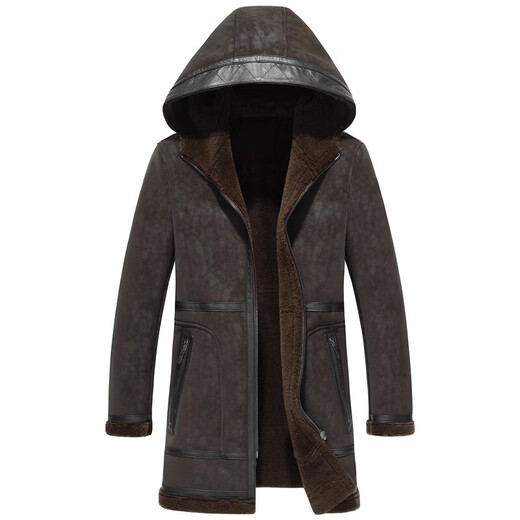 CHEVALPES international first-line brand genuine leather jacket for men, cowhide wool liner, imitation fur one-piece sheep sheared large windbreaker, black M 165