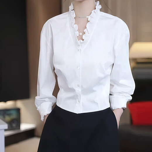 White edge V-neck long-sleeved shirt for women 2025 autumn new style light luxury and age-reducing style top White L Recommended 100-115 Jin Jin equals 0.5 kg