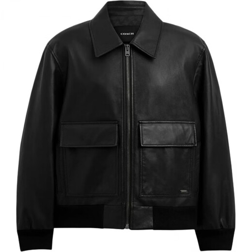 COACH FW24 Solid Color Long Sleeve Leather Jacket with Flap Pocket Men's Black Black M