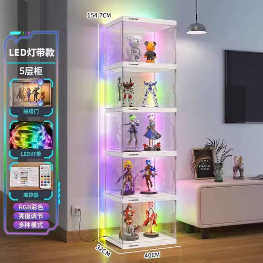 Yusenyi Figure Display Storage Cabinet Transparent Ornament Rack Home Layered LED Display Rack LD Light 5 Grids (US Plug-in Model)