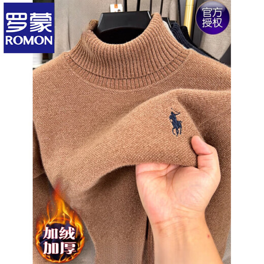 ROMON turtleneck sweater for men 2025 new autumn and winter warm plus velvet thickened knitted bottoming sweater for men trendy camel XL 175/52 recommended 135-150Jin Jin equals 0.5 kg