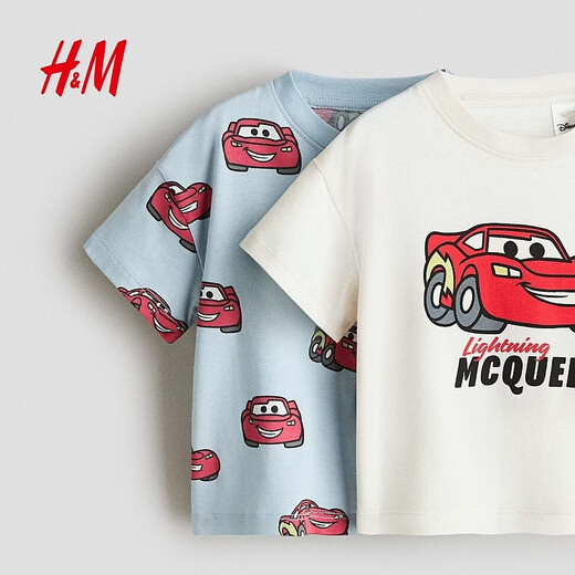 H&M 2026 new spring children's clothing baby boy 2-piece printed T-shirt 1315882 light blue/Cars 73 73/48 (6-9M)
