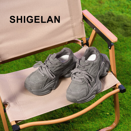 Poetry 2026 Spring New Thick-soled Heightening Daddy Shoes Women's Shoes Trendy Shoes Versatile Double Lace Casual Sports Shoes Gray 34