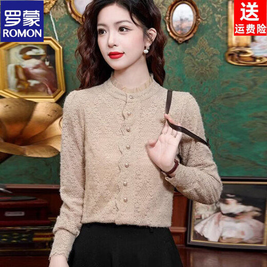 ROMON velvet thickened French lace shirt for women 2026 autumn and winter new style style inner long-sleeved shirt bottoming shirt for women apricot regular style L recommended 106-116 Jin Jin equals 0.5 kg