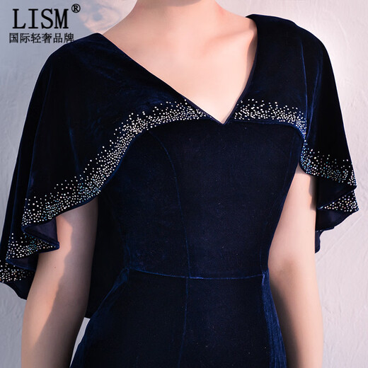 LISM designer international light luxury brand banquet evening dress women's velvet 2026 new style noble and elegant long slim fit navy blue M