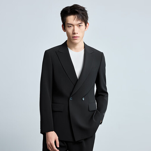 LiLang Youth Business Men's Wear Peaked Collar Suit Stretch Anti-Wrinkle Easy-Care Double-Breasted Suit Two-piece Black (1YA) 165A