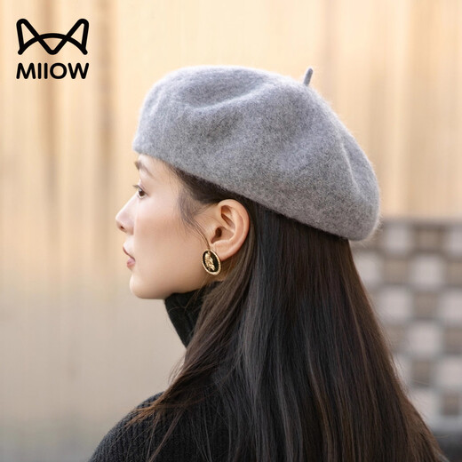 Catman Japanese woolen beret women's autumn and winter new British retro painter's hat Korean style gray women's beret gray one size 55-59cm
