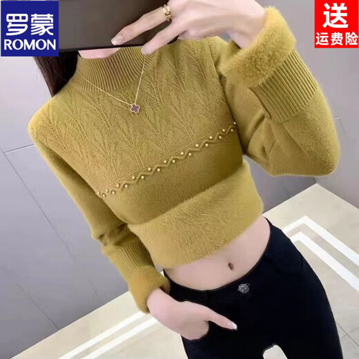 ROMON brand women's all-in-one velvet thickened bottoming sweater for women 26 autumn and winter new half turtleneck women's thermal top black high quality quality assurance M recommended weight 106Jin Jin equals 0.5kg -120Jin Jin equals 0.5kg