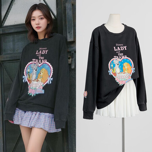 In stock Pingcaina Xiaoshui's same Thai trendy brand retro printed black pullover early autumn casual loose sweatshirt sweatshirt L