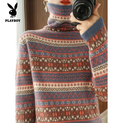 Playboy (PLAYBOY) Fair Isle Retro Jacquard Knitted Sweater Women's Turtleneck Sweater Autumn and Winter New Thick Pullover Versatile Knitted Sweater Women Red S Recommended 85-95Jin Jin equals 0.5 kg