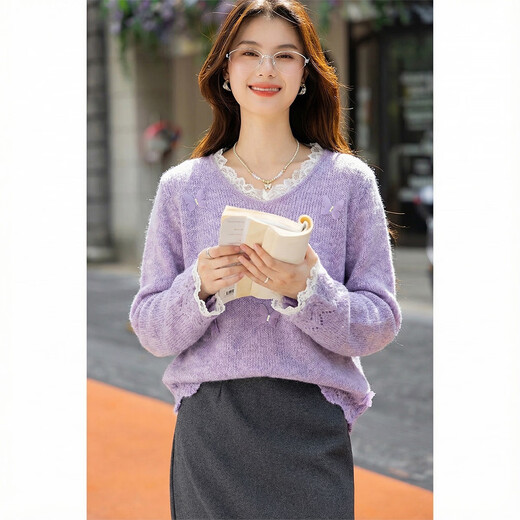 Ives (ITISF4) lace sweet sweater 26 spring new loose soft waxy lazy butterfly sweater purple one size