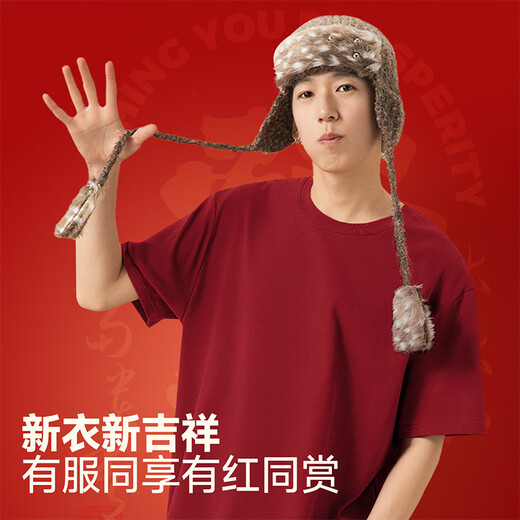 Pull-back T-shirt for men New Year winter couple half-sleeved 2026 Year of the Horse animal year clothes men's loose large size men's short-sleeved burgundy (ha Jin Fu seal character chest label) M /170 (recommended 100 Jin Jin is equal to 0.5 kg -120 Jin Jin is equal to about 0.5 kg)