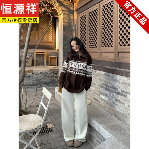 Hengyuanxiang retro half-zip turtleneck sweater for women Fair Isle jacquard loose lazy pullover knitted top coffee jacquard ready stock S