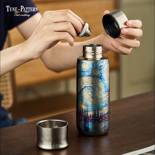 TUNE-PATTERN Tingpai pure titanium thermos cup, high-end magnetic stewed tea cup, double-layer cup, Monet color titanium hand-painted engraved water cup for men and women, Monet snow scene, free custom cup sleeve + cup brush 430ml