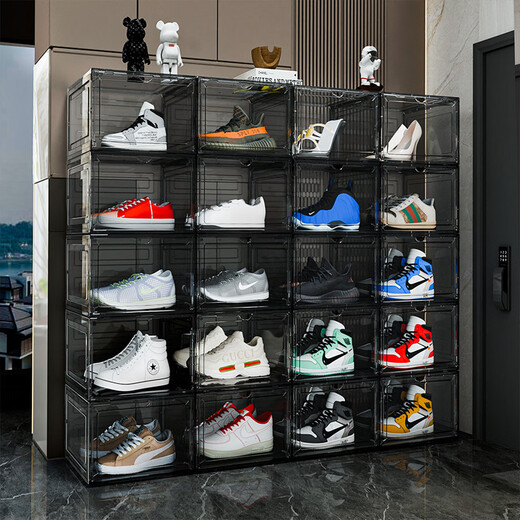Fantasy shoe box storage box household transparent plastic magnetic dustproof shoe cabinet side opening anti-oxidation aj shoe storage artifact 24 pieces transparent black/side opening high quality hard plastic + can hold 46 34x27x21cm