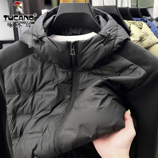 Woodpecker Austrian fleece splicing thin down jacket men's autumn and winter hooded polar fleece jacket casual stand-up collar fleece jacket P8008 black M