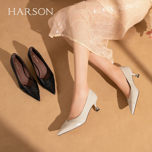 Hazen genuine leather lambskin pointed toe high heels commuting versatile shallow mouth single shoes for women 2026 new black sheepskin 34